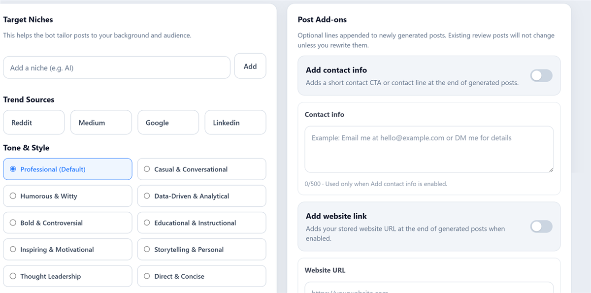 Veyrais ghostwriter settings showing target niches, trend sources, ten tone styles, and post add-ons